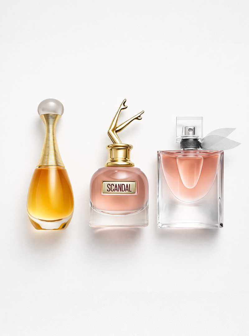 Combo de 3 perfumes Jean Paul Gaultier SCANDAL, Dior J'ADORE e Lancôme LA VIE EST BELLE 100ml